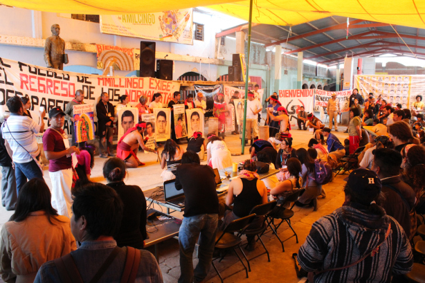 Delegation from Ayotzinapa speak at the Festival of Resistances &amp; Rebellions against capitalism in Amilcingo. Photo: Arturo Vazquez