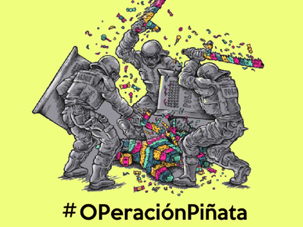  'piñata' is a multi wrapped parcel  full of goodies that's hung up at kids birthdays and whacked by blindfolded children till all the treasures fly out.