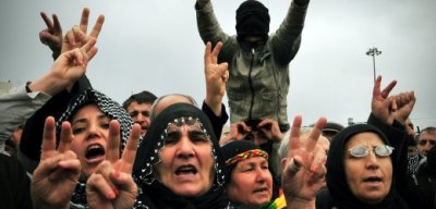 Kurdish protesters take part in a demonstration on April 19, 2011 in Istanbul after Turkey's electoral board barred prominent Kurdish candidates from standing in upcoming elections. The Peace and Democracy Party (BDP), Turkey's main Kurdish political movement, urged an extraordinary parliamentary session to resolve the problem, warning of fresh unrest in a country long plagued by ethnic conflict.       AFP PHOTO / MUSTAFA OZER