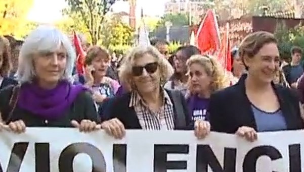 The newly elcted feminist mayors of Madrid and Barcelona at the demo.
