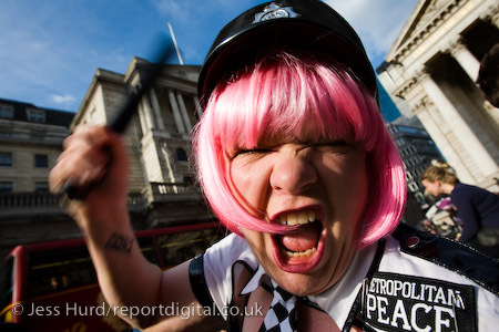 Mayday demonstration at Bank. People protest against police violence and dress as convicts, prisoners or police. Organised by Space Hijackers. London. © Jess Hurd/reportdigital.co.uk Tel: 01789-262151/07831-121483 info@reportdigital.co.uk NUJ recommended terms & conditions apply. Moral rights asserted under Copyright Designs & Patents Act 1988. Credit is required. No part of this photo to be stored, reproduced, manipulated or transmitted by any means without permission.