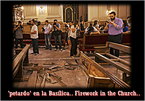 ….media circus inventing the ''shocking destruction'' after the ”bomb” which Monica and Fran are accused of planting in the Zaragoza Basilica, symbol of the Catholic/Fascist dictatorship… State demanded 44 yrs jail each with zero evidence.