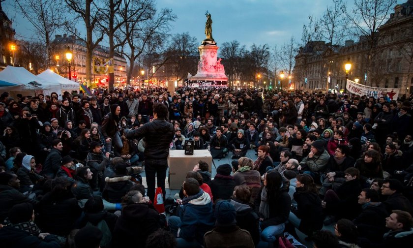 Vive la révolution: demonstrators gather in Place de la République for a nocturnal sit-in. Photograph: Ian Langsdon/EPA