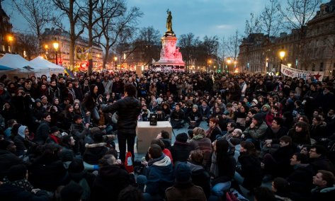Vive la révolution: demonstrators gather in Place de la République for a nocturnal sit-in. Photograph: Ian Langsdon/EPA