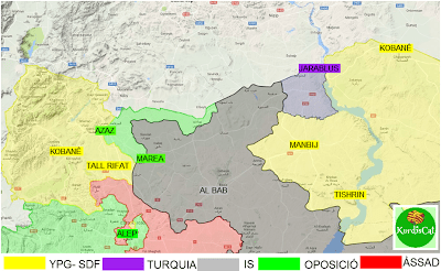 29th Aug 16. a new colour, Turkey is on the map, although their forces could be hit by Regime jets in just 5 minutes- according to the Kurds, signalling complicity in the anti/Kurd invasion.