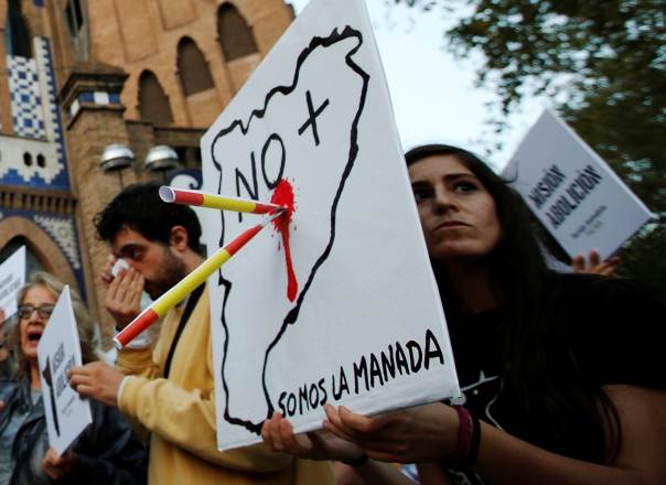 Animal rights activists protest against the decision of the Spanish Constitutional Court to annul the Catalan regional government's prohibition of bullfighting, in front of Monumental bullring in Barcelona