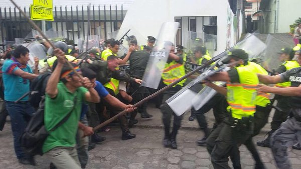 The Shuar warriors fight police in an earlier confrontation
