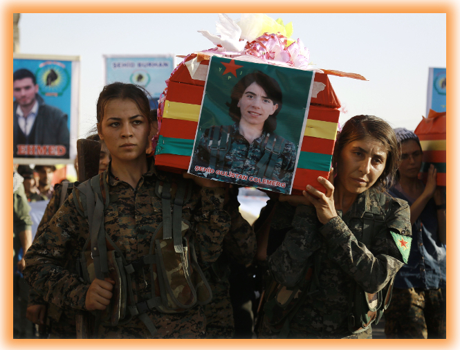 Will Trump betray the only progressive future for Syria? ..Syrian-Kurdish women carry the coffins of female fighters in Syria's northeastern city of Qamishli on July 21, 2016 during the funeral of sixteen fighters killed battling the Islamic State (IS) group in Manbij. 150 SDF volunteers died liberating the town, including six from the International Brigade.(William Savage, from the US was killed rescuing civilians). Now Turkey is pressurizing Trump to betray the SDF, destroy the democratic revolution, and hand Manbij to Turkish controlled jihadi FSA mercenaries.