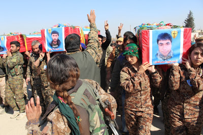 Hundreds of Manbij people gathered in front of the Euphrates Hospital whre the funerals of the three fighters took place. Ehmed Kenan (Ehmed Minbic), Mele Ehmed (Mele Minbic) and Yusif Merto (Şiyar Tirkmenî) were killed in the town of Arima, 25 km west of the city. . After a military ceremony organized by Manbij Military Council Emre Mihemed, a member of the House of Martyrs, made a speech and said that freedom fighters fed their lives to defend the country's lands. Co-chairman of the Manbij Civilian Assembly Ibrahim El-Qefit gava a postivice message in sipte of the sorrow and said in his speech, 'We will definitely win.'