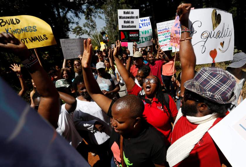 Demonstrators protest against U.S. President Donald Trump during the Women's March inside Karura forest in Kenya's capital Nairobi, January 21, 2017. REUTERS/Thomas Mukoya NYTCREDIT: Thomas Mukoya/Reuters